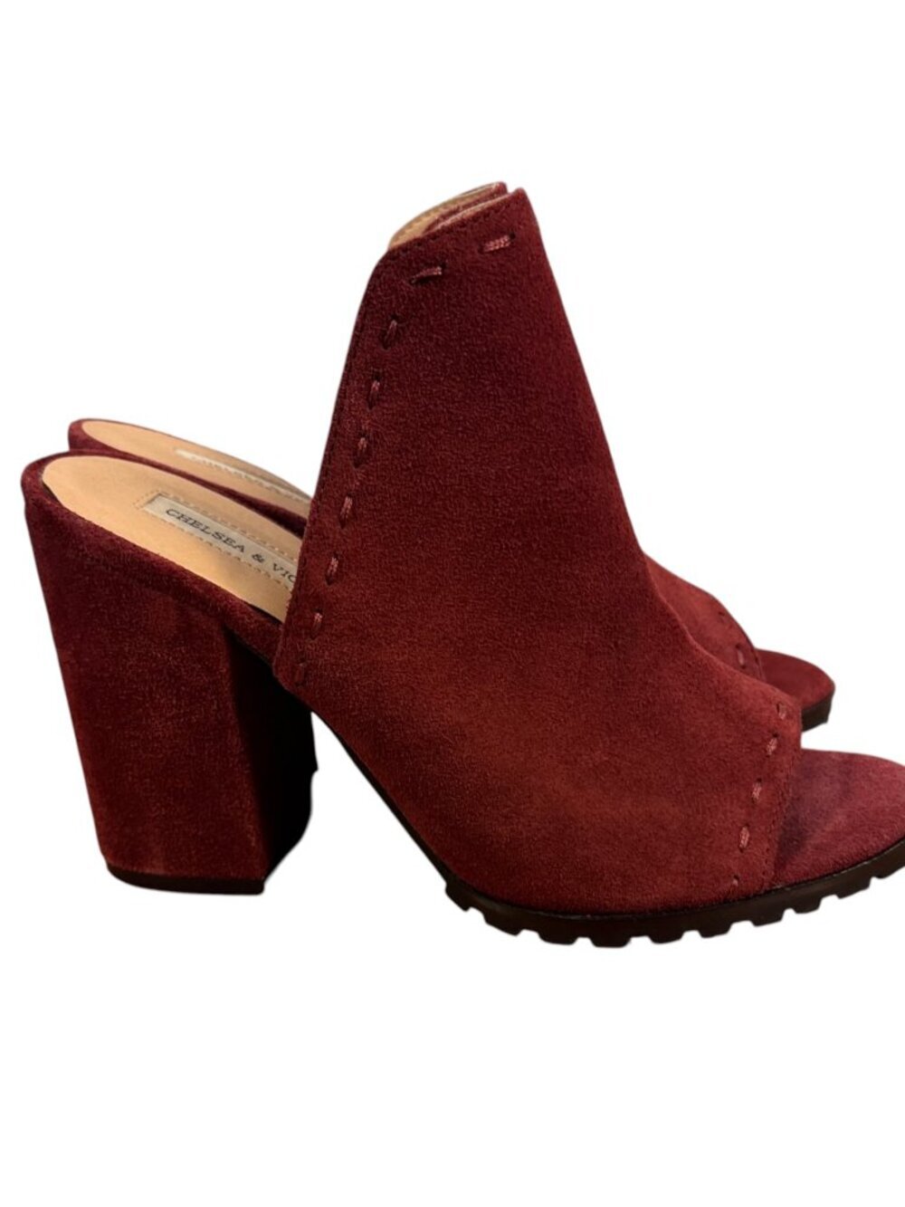 Chelsea & Violet Burgundy Faux Suede Peep Toe Mule Heels Size 10M Block Heel Boo - Picture 3 of 11